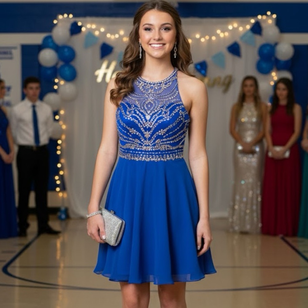 Beaded Halter Prom Homecoming Dress Royal Blue 6